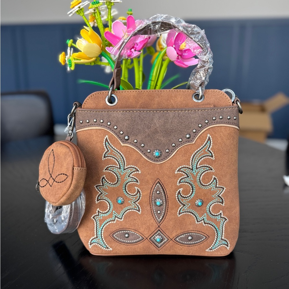 Montana West Embroidered Boot Scroll Top Handle Crossbody With Coin Pouch Brown